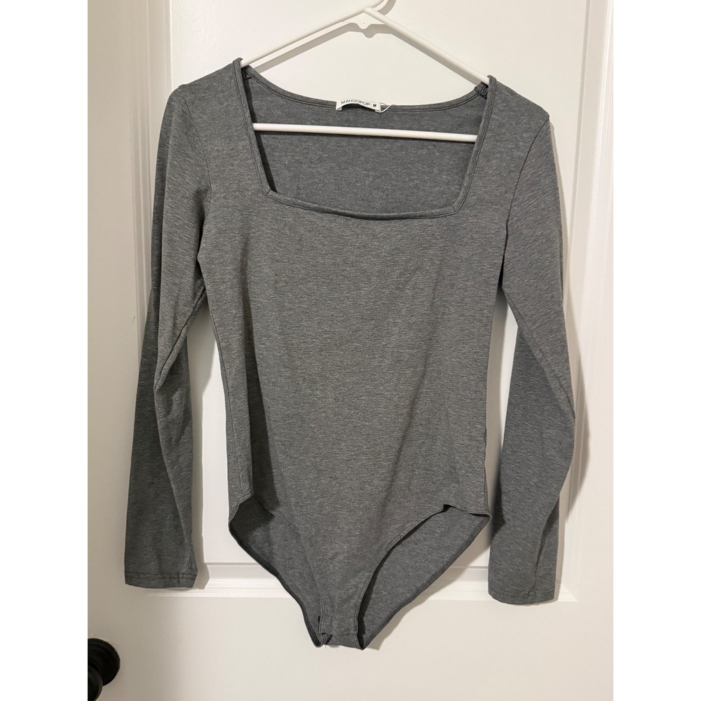 Mangopop Heather Gray Square Neck Long Sleeve‎ Bodysuit Womens Size Medium
